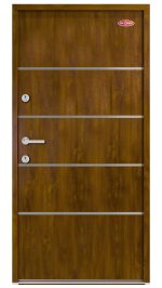 Kültéri acél HiSec bejárati ajtó Dió szín, egyedi dekorcsík