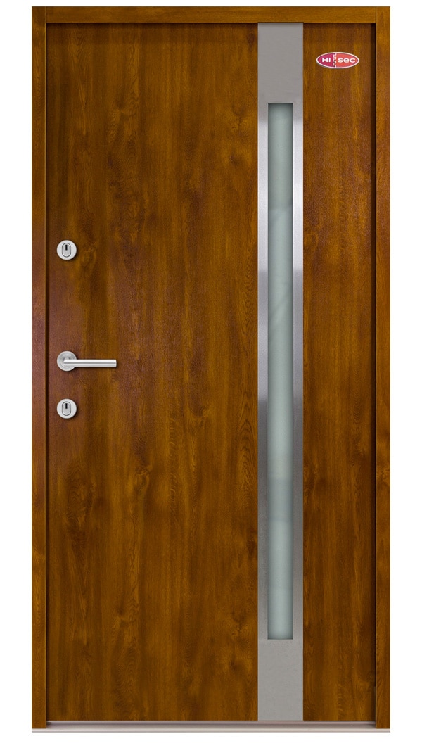 Vnější ocelové vchodové dveře HiSec v ořechovém provedení s izolačními skleněnými vložkami